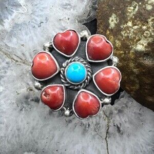 Native American Sterling Silver Turquoise & Coral Adjustable Cluster Ring